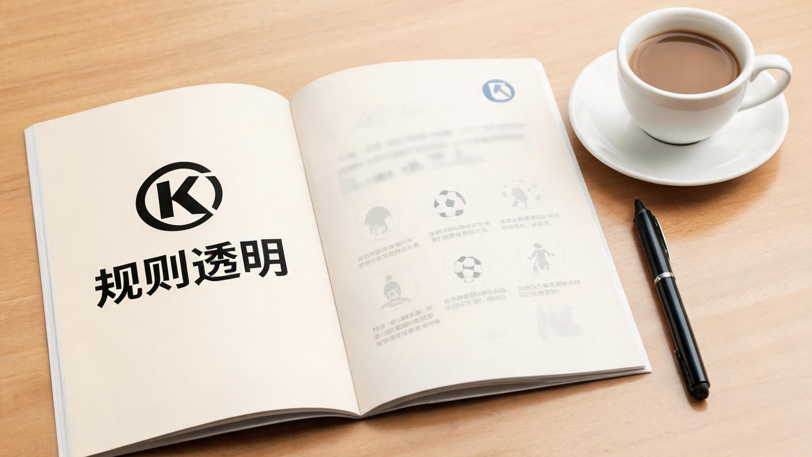 一本打开的体育互动安全指南手册，封面印有开云logo和“规则透明”字样，旁边有一杯咖啡和一支笔